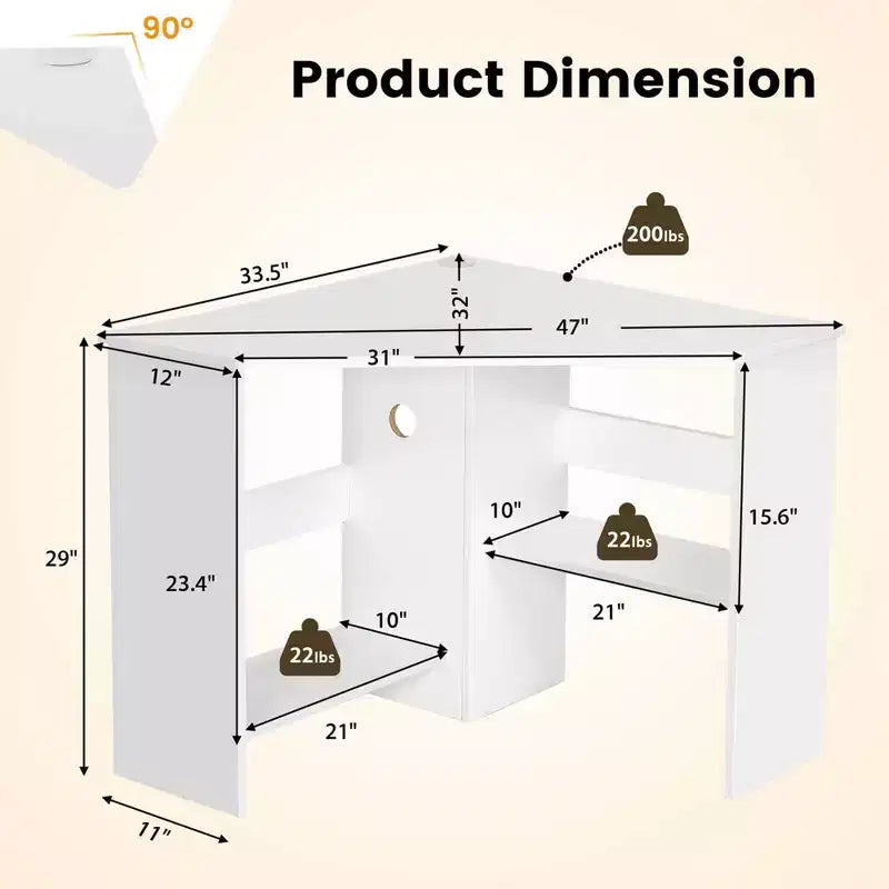 Bureau d'ordinateur d'angle, poste de travail triangulaire avec étagère de rangement - Blanc