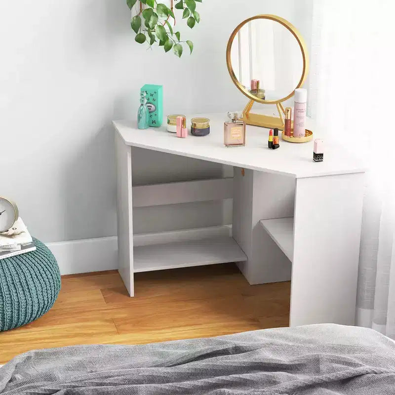Bureau d'ordinateur d'angle, poste de travail triangulaire avec étagère de rangement - Blanc