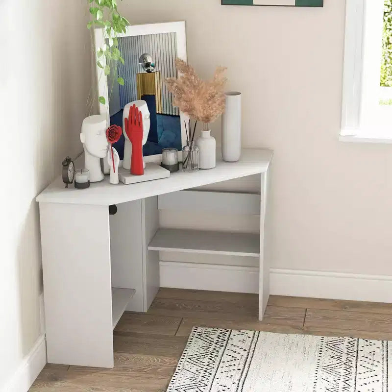 Bureau d'ordinateur d'angle, poste de travail triangulaire avec étagère de rangement - Blanc
