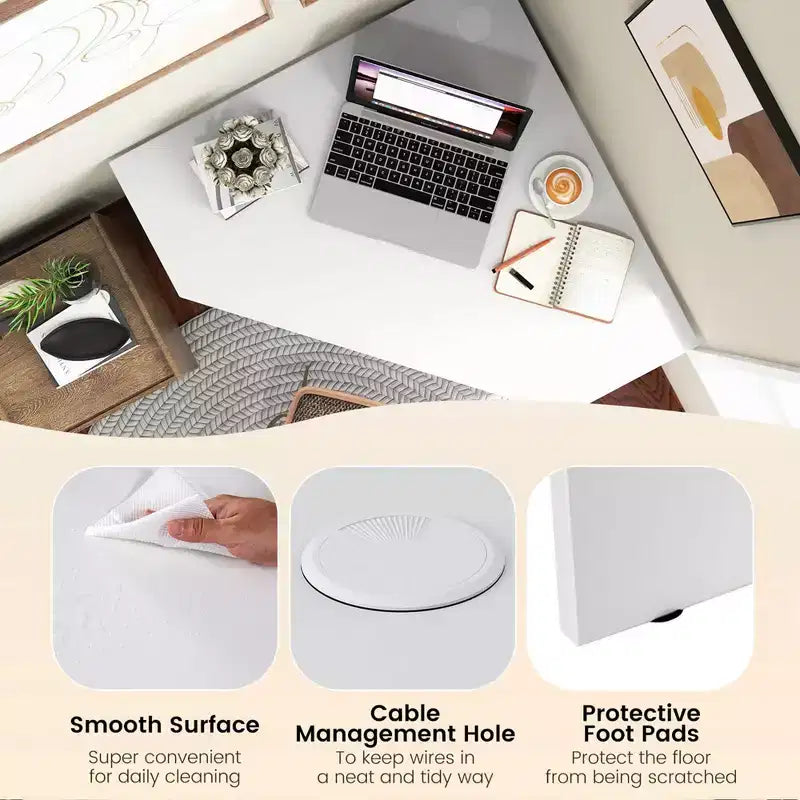 Bureau d'ordinateur d'angle, poste de travail triangulaire avec étagère de rangement - Blanc