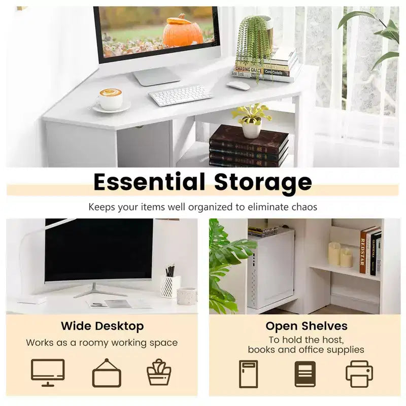 Bureau d'ordinateur d'angle, poste de travail triangulaire avec étagère de rangement - Blanc
