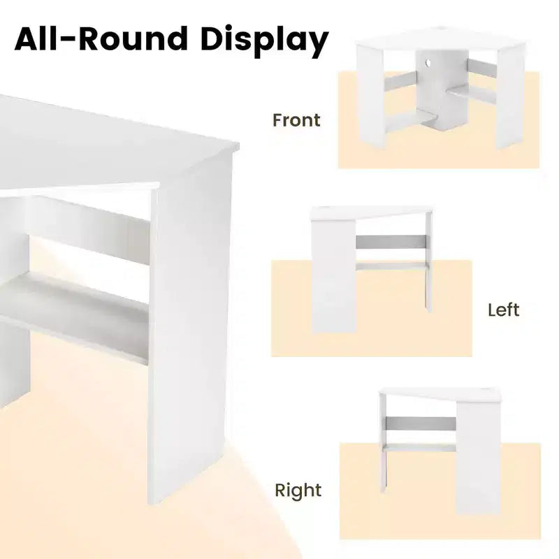 Bureau d'ordinateur d'angle, poste de travail triangulaire avec étagère de rangement - Blanc