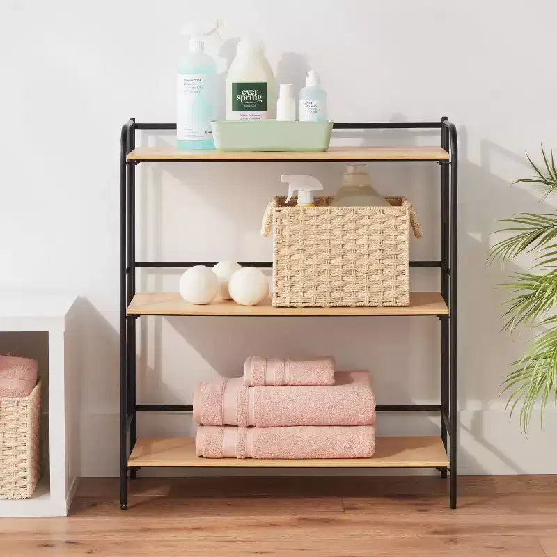 Étagère pliable à 3 niveaux en métal noir avec tablettes en bois naturel