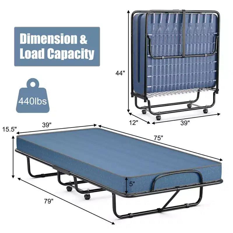 Lit pliant avec matelas en mousse à mémoire de forme, lit d'appoint portable sur roulettes - Marine