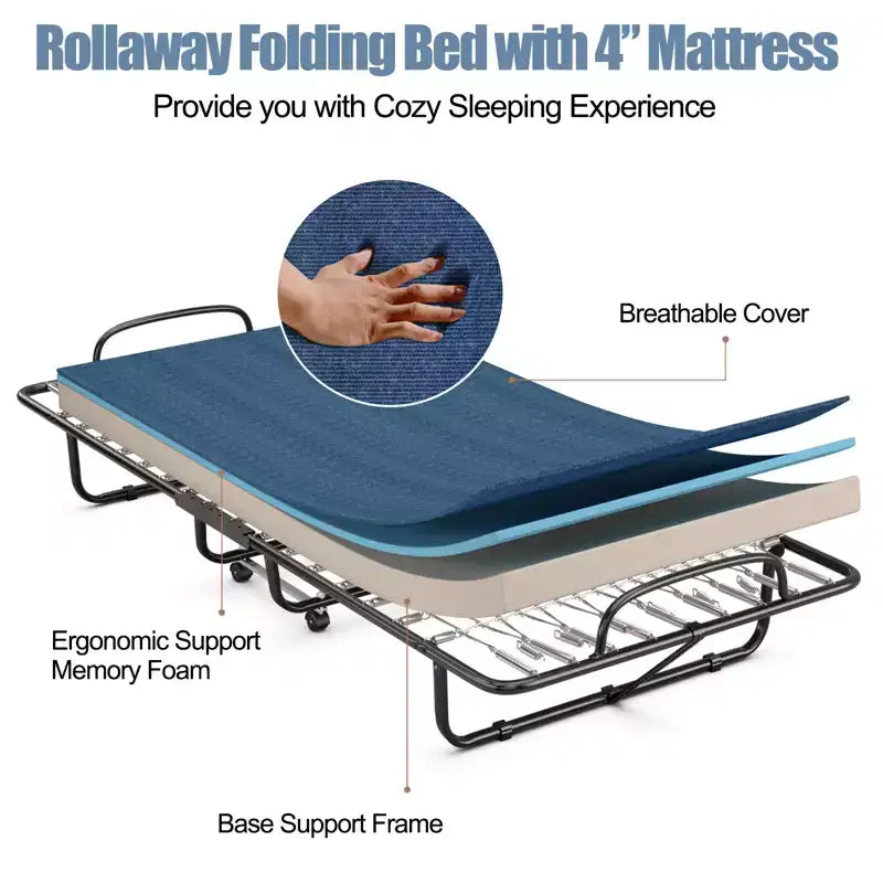 Lit pliant avec matelas en mousse à mémoire de forme, lit d'appoint portable sur roulettes - Marine