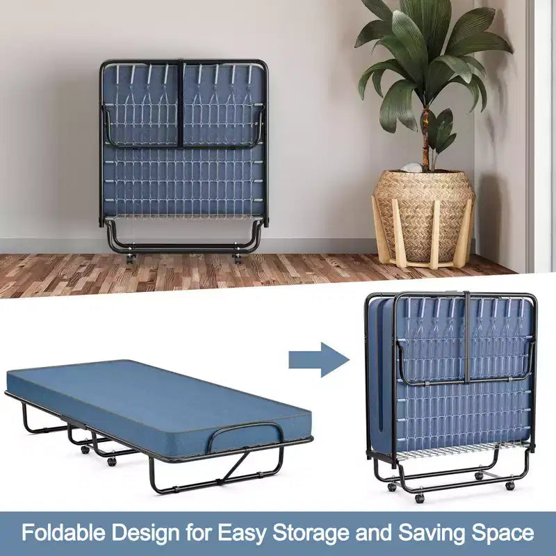Lit pliant avec matelas en mousse à mémoire de forme, lit d'appoint portable sur roulettes - Marine