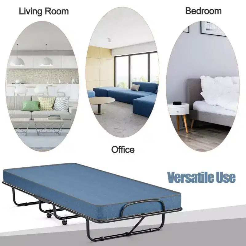 Lit pliant avec matelas en mousse à mémoire de forme, lit d'appoint portable sur roulettes - Marine