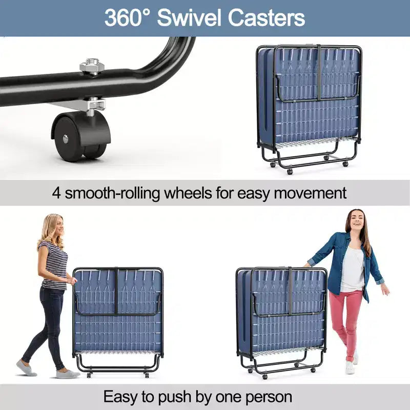 Lit pliant avec matelas en mousse à mémoire de forme, lit d'appoint portable sur roulettes - Marine
