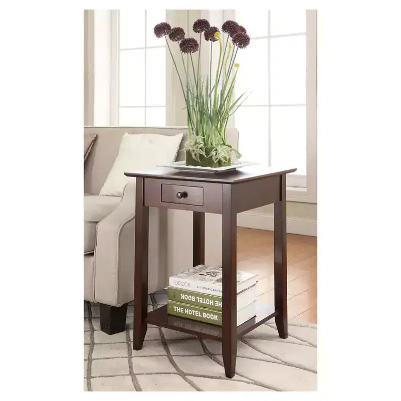 Table d'appoint carrée avec tiroir et étagère ouverte - Bois dur noir