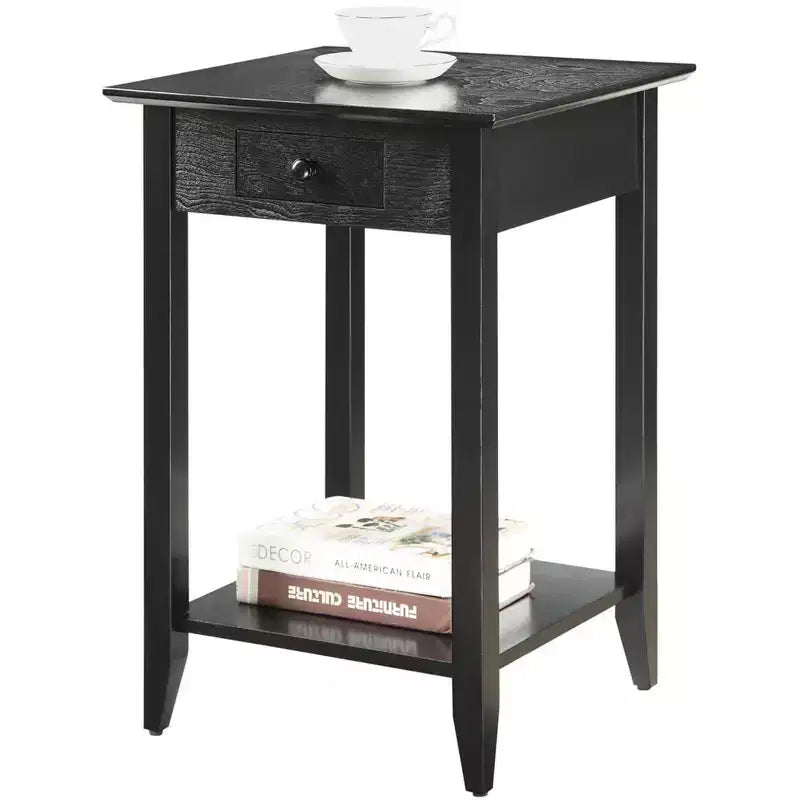 Table d'appoint carrée avec tiroir et étagère ouverte - Bois dur noir