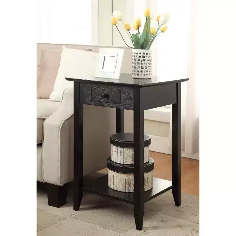 Table d'appoint carrée avec tiroir et étagère ouverte - Bois dur noir