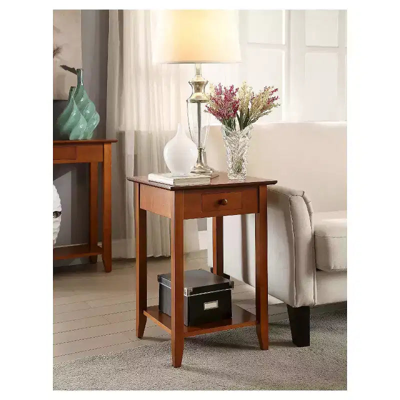 Table d'appoint carrée avec tiroir et étagère ouverte - Bois dur noir