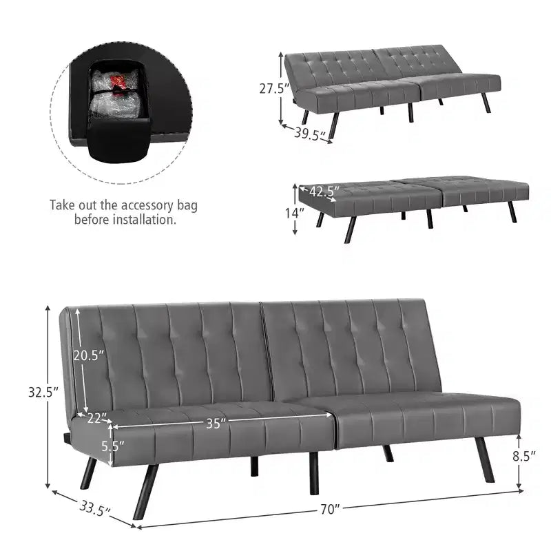Canapé futon, convertible pliable en cuir PU - Blanc/Noir/Gris