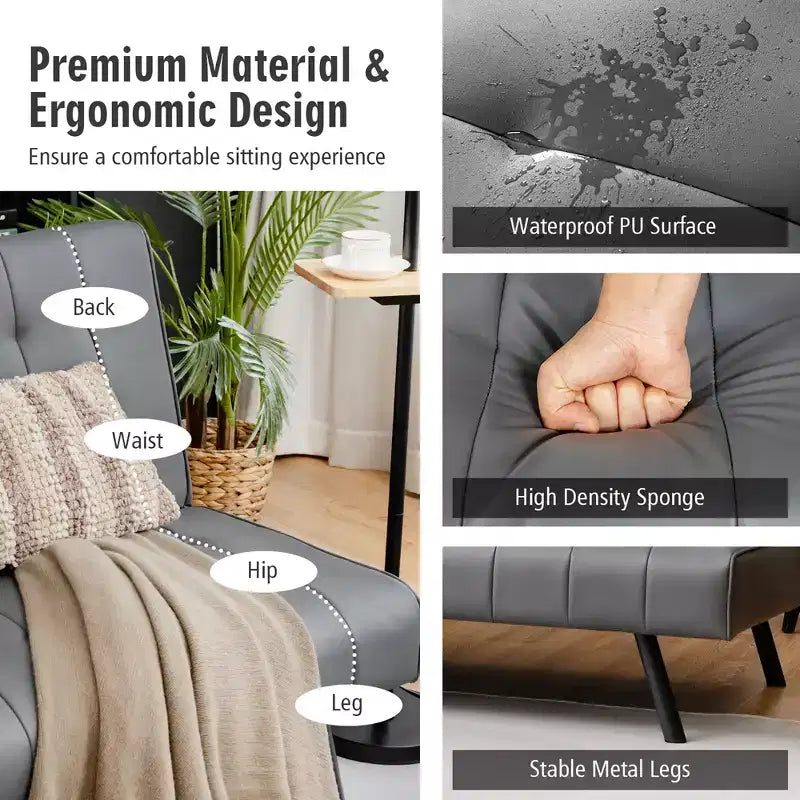 Canapé futon, convertible pliable en cuir PU - Blanc/Noir/Gris
