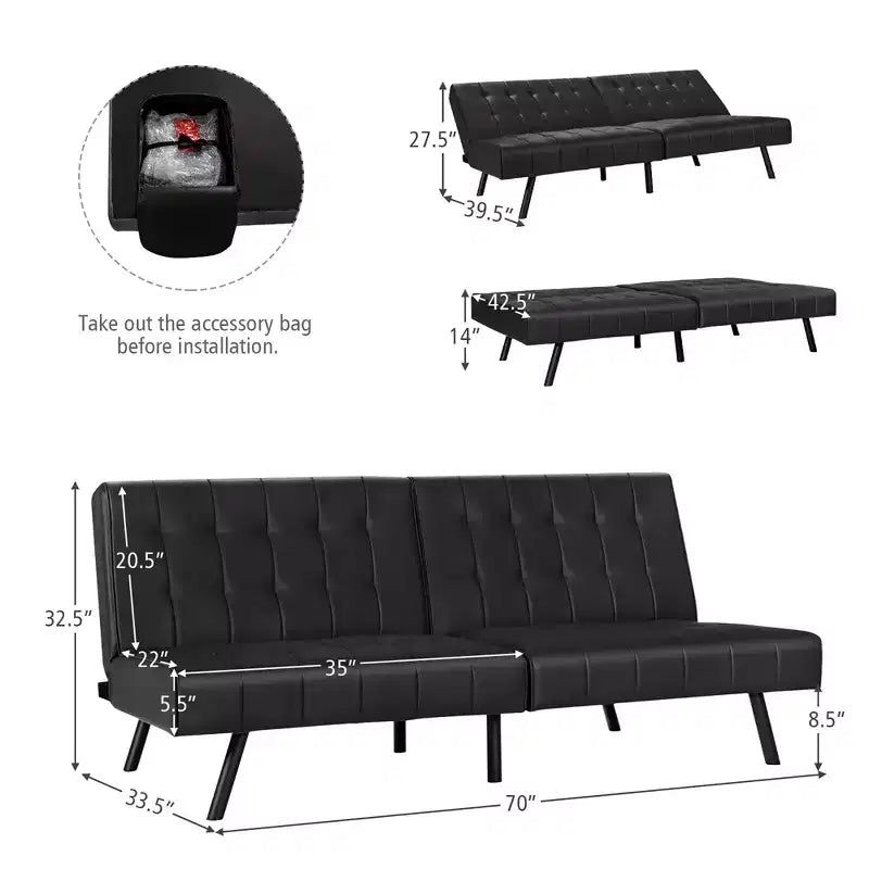 Canapé futon, convertible pliable en cuir PU - Blanc/Noir/Gris