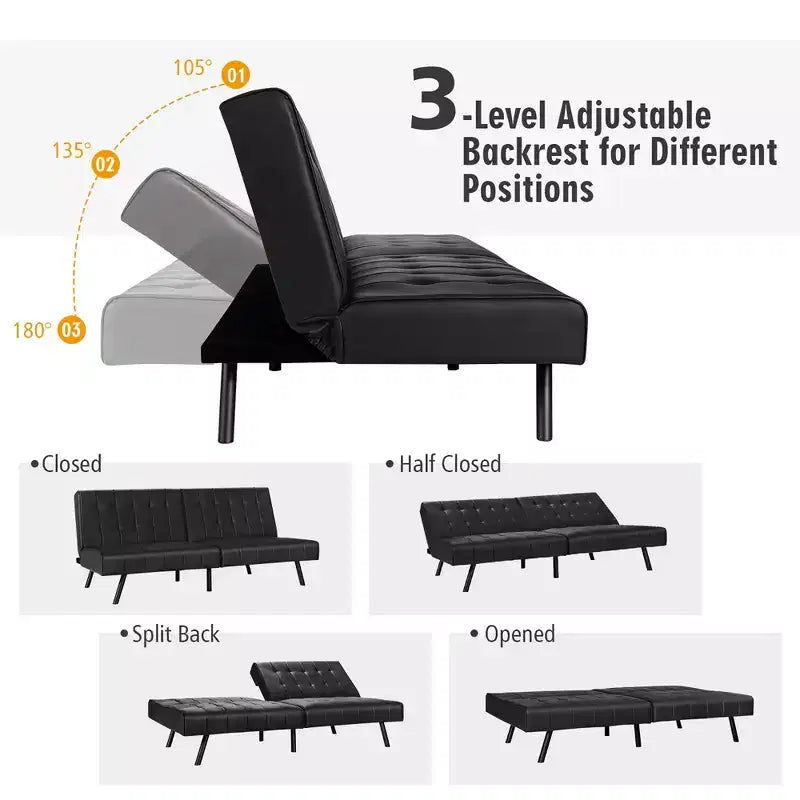 Canapé futon, convertible pliable en cuir PU - Blanc/Noir/Gris