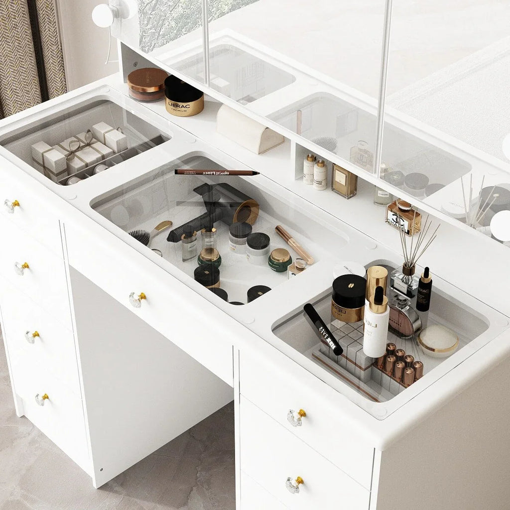Coiffeuse avec miroir triptyque éclairage certifié et plateau en verre