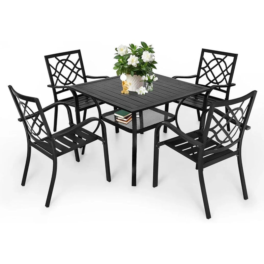 SUNCROWN Salon de jardin 5/7 pièces en acier avec table à lattes métalliques et chaises empilables Structure thermolaquée