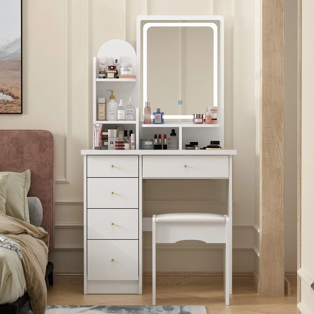 Coiffeuse avec miroir LED intégré et tabouret