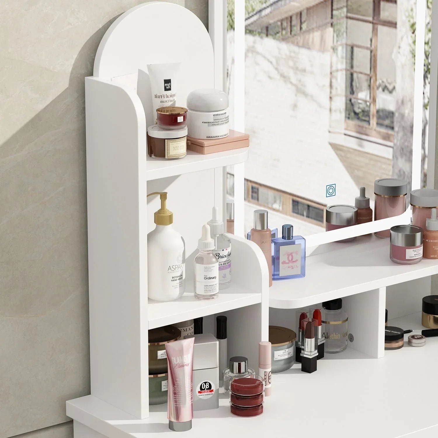 Coiffeuse avec miroir LED intégré et tabouret