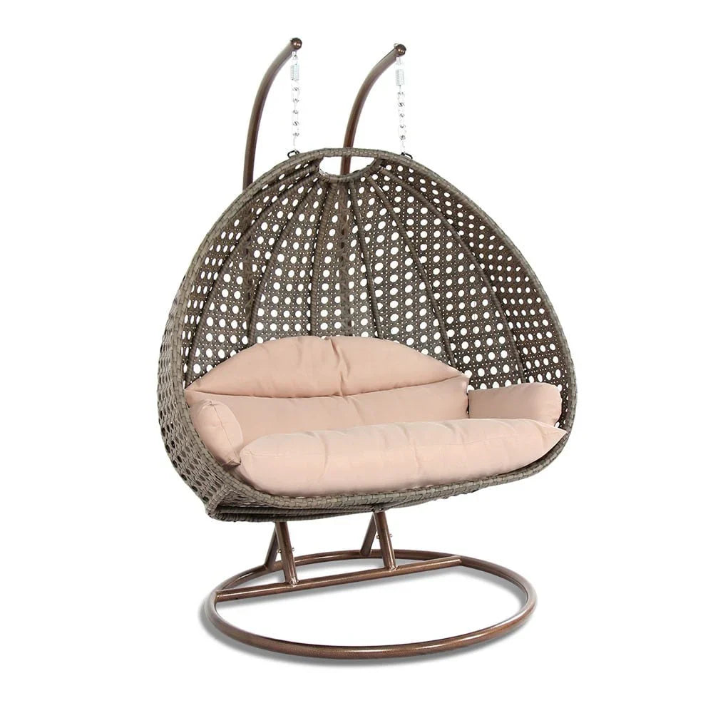 LeisureMod Fauteuil suspendu œuf 2 places avec support - Balançoire / hamac de patio en rotin osier pour extérieur/intérieur avec coussins