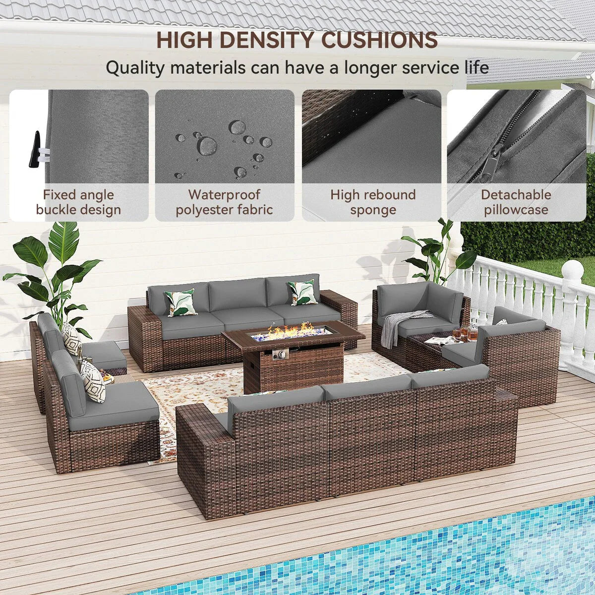Ensemble de mobilier de jardin 13 pièces avec table brasero de 44 pouces